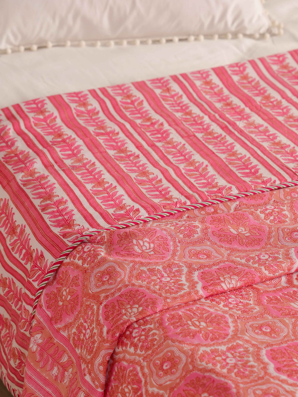 PINK ROSETTES  HAND BLOCK PRINT REVERSIBLE COTTON DOHARS