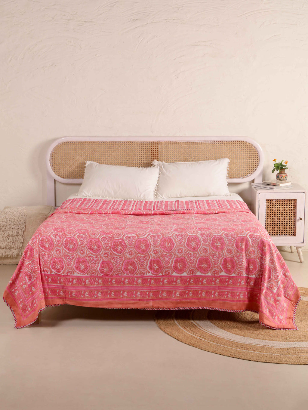 PINK ROSETTES  HAND BLOCK PRINT REVERSIBLE COTTON DOHARS