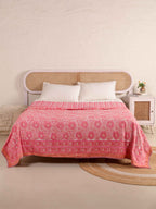 PINK ROSETTES  HAND BLOCK PRINT REVERSIBLE COTTON DOHARS