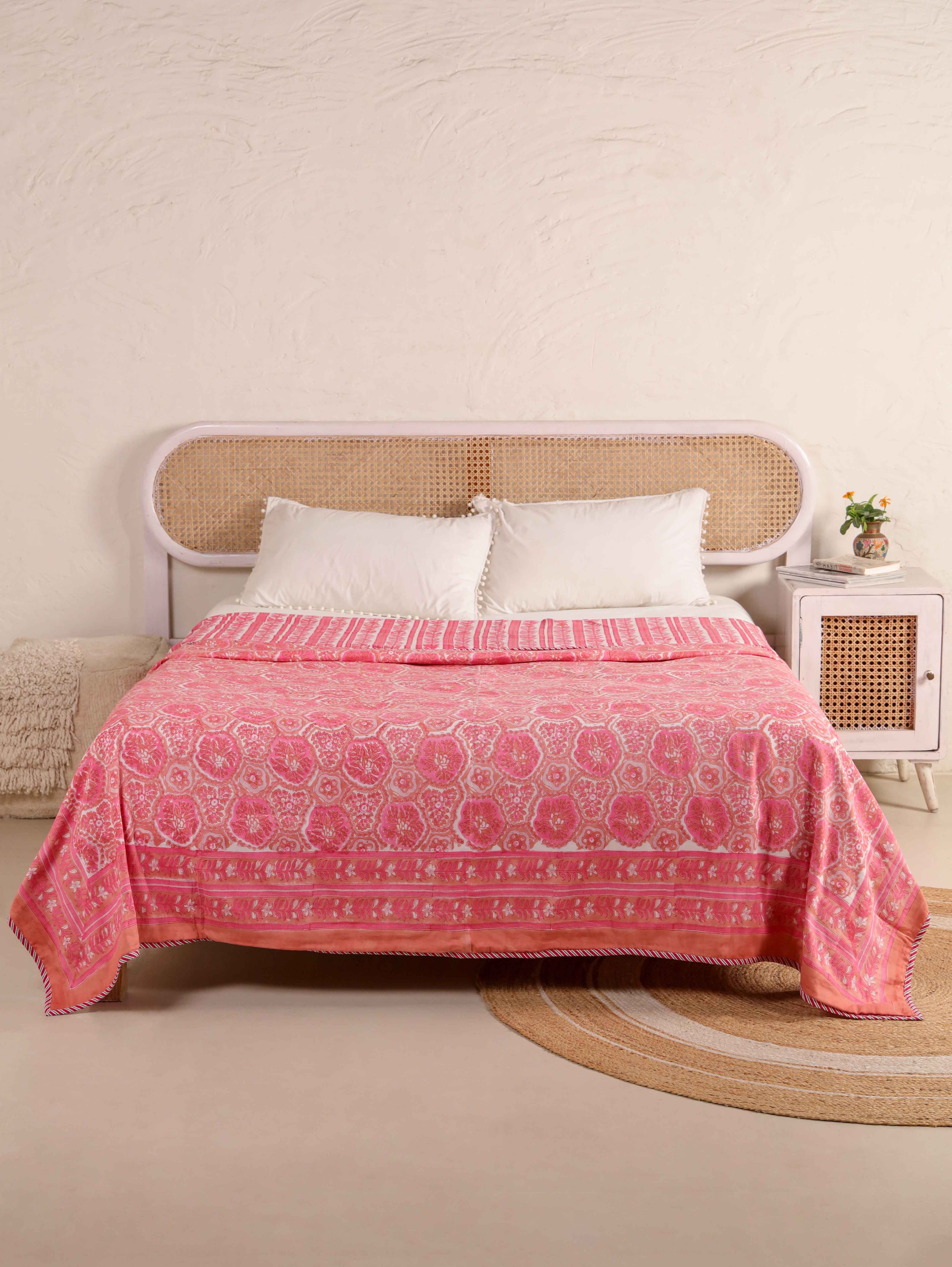 PINK ROSETTES  HAND BLOCK PRINT REVERSIBLE COTTON DOHARS