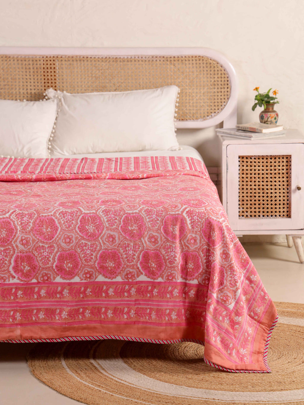 PINK ROSETTES  HAND BLOCK PRINT REVERSIBLE COTTON DOHARS