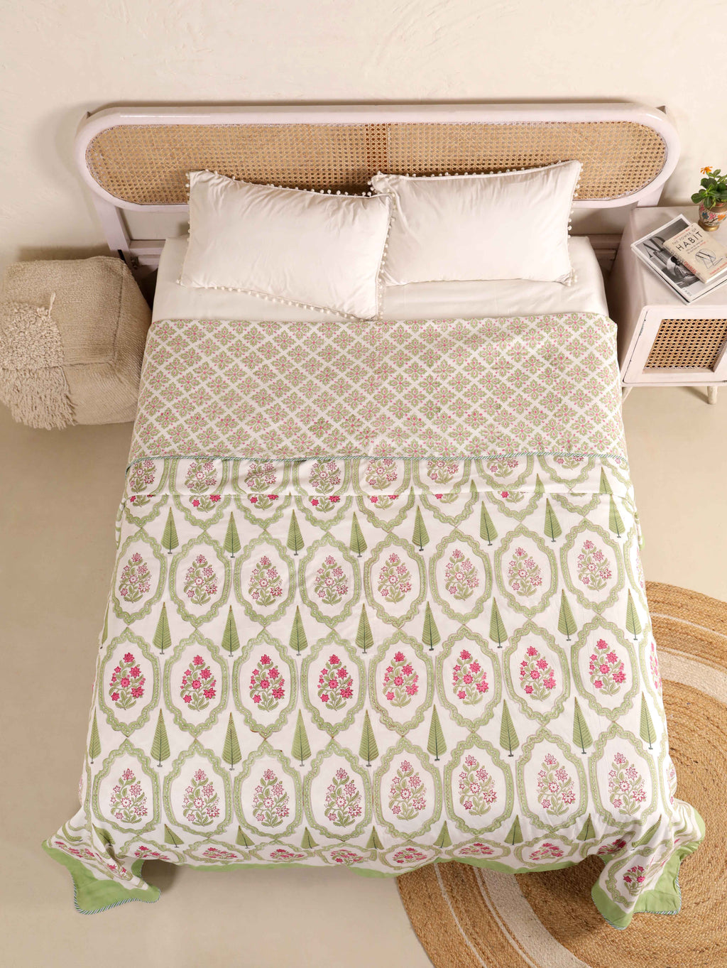 GREEN MUGHAL GARDEN HAND BLOCK PRINT REVERSIBLE COTTON DOHARS