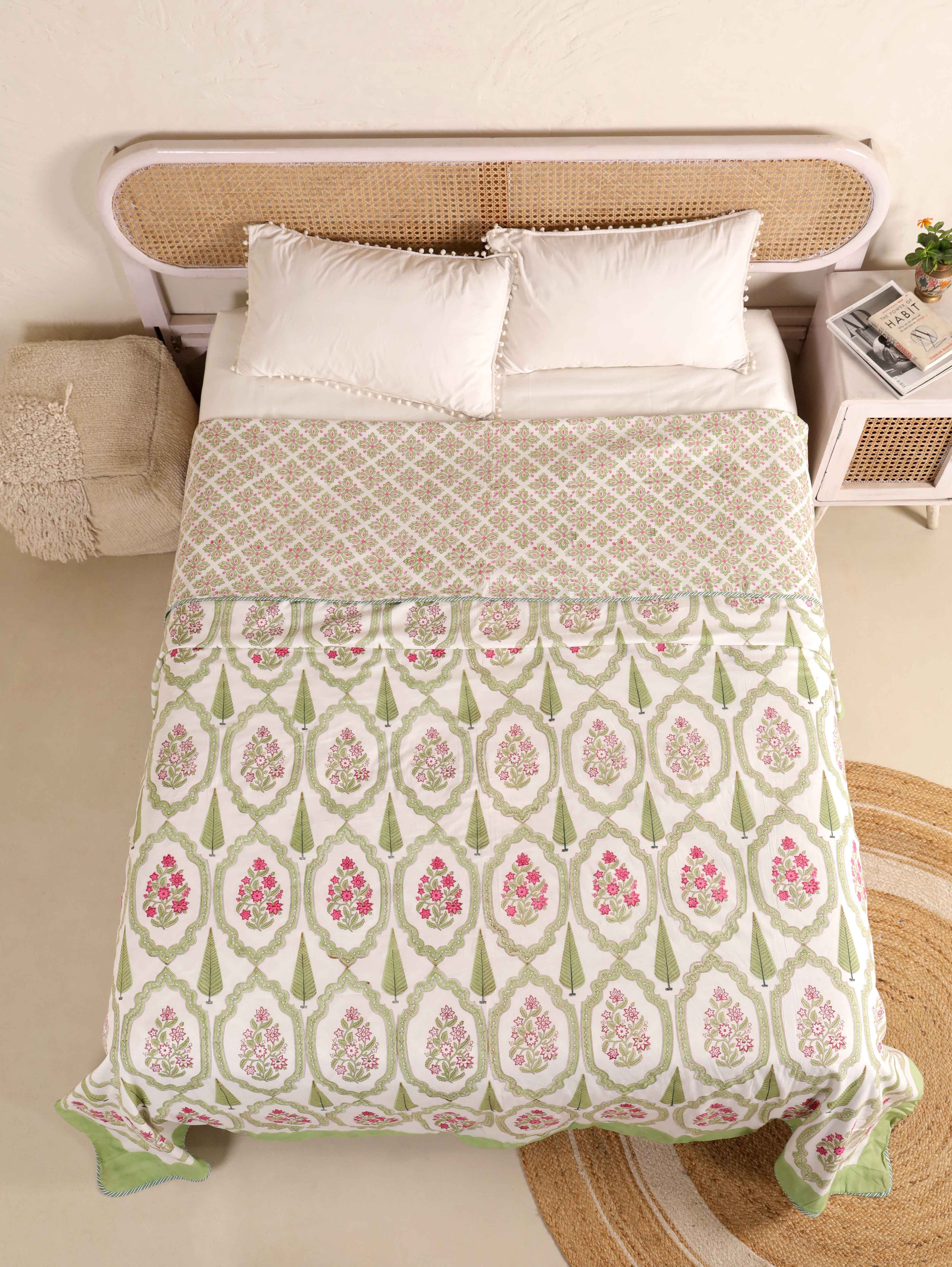 GREEN MUGHAL GARDEN HAND BLOCK PRINT REVERSIBLE COTTON DOHARS