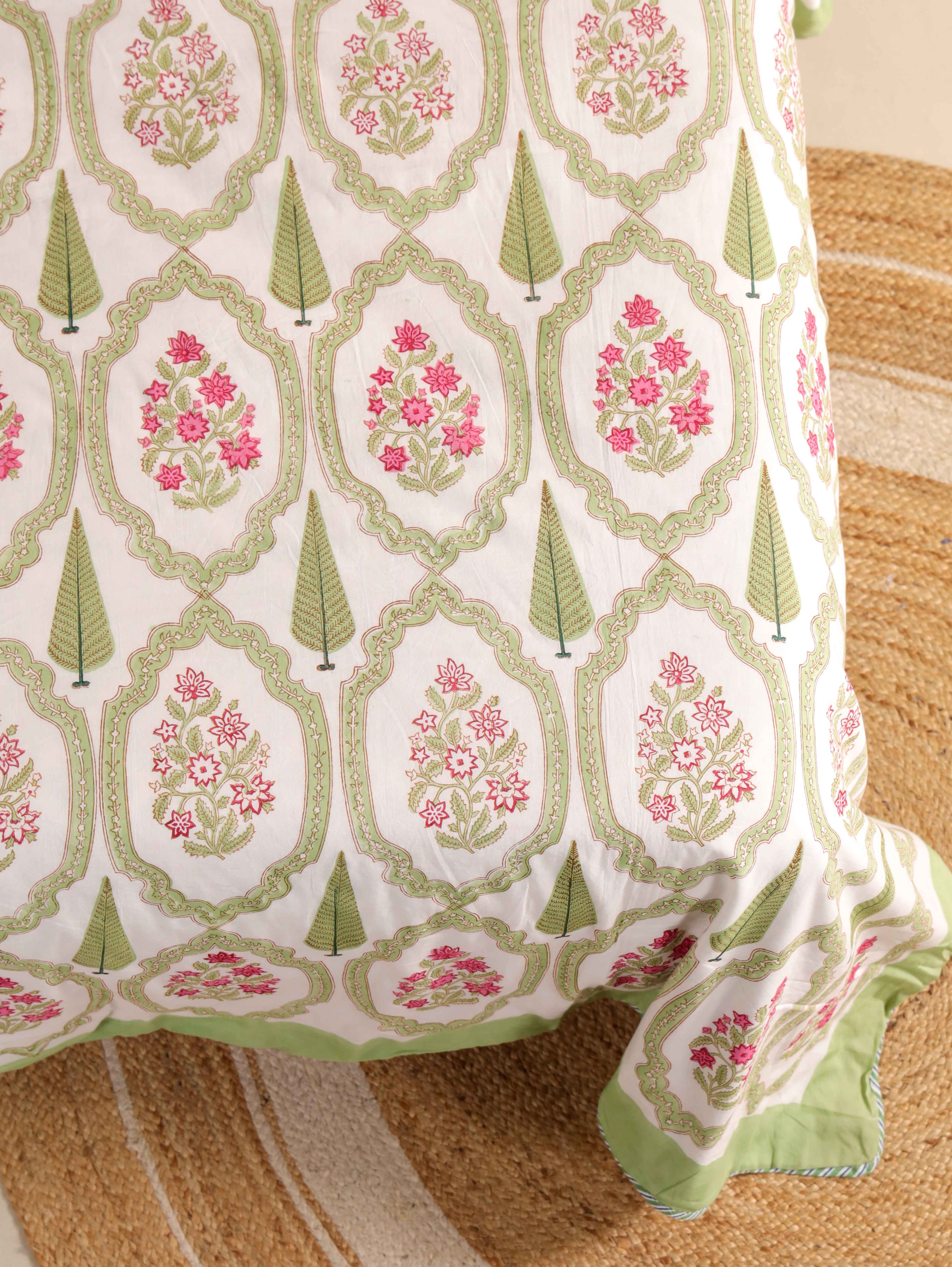 GREEN MUGHAL GARDEN HAND BLOCK PRINT REVERSIBLE COTTON DOHARS