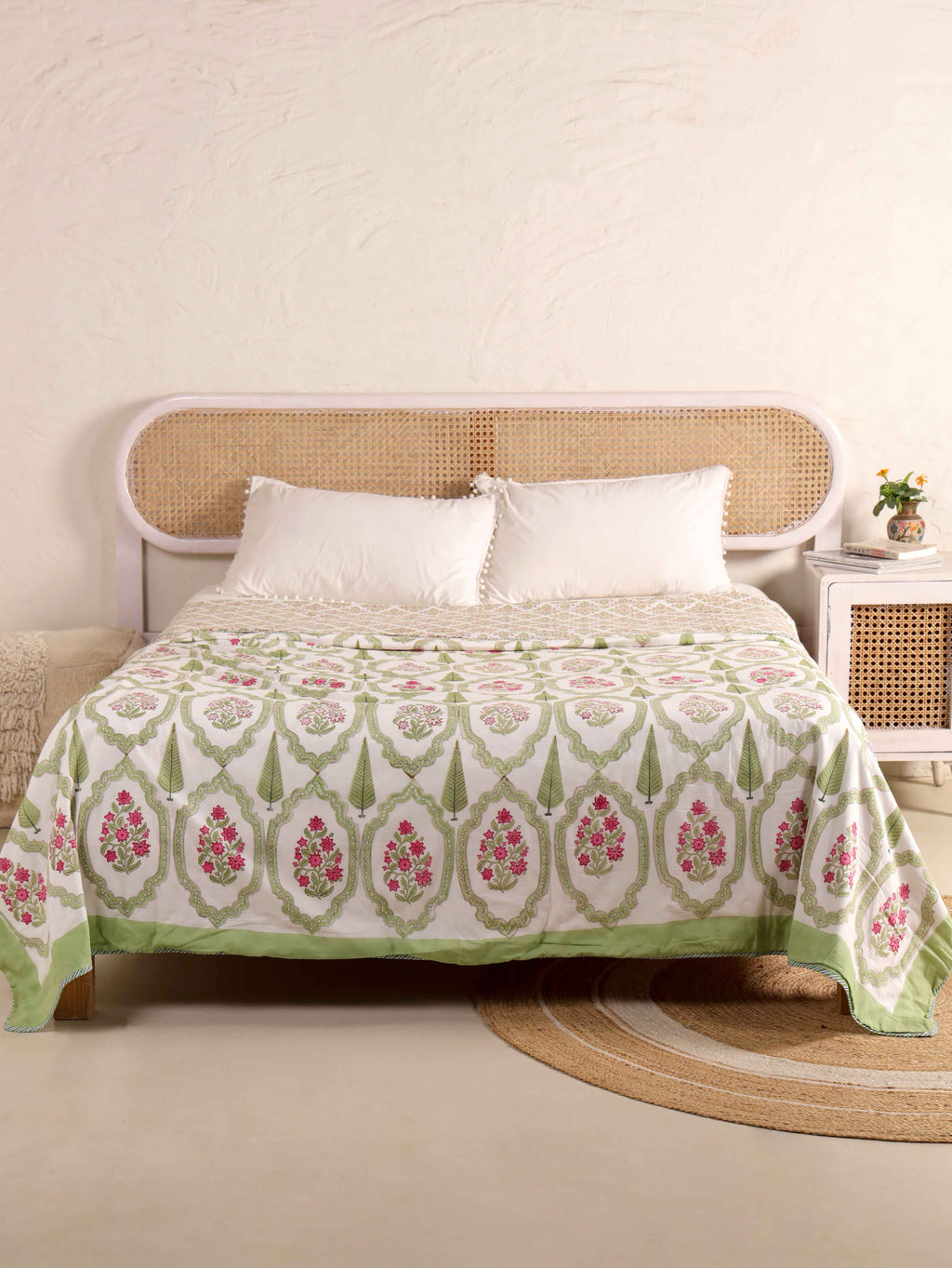 GREEN MUGHAL GARDEN HAND BLOCK PRINT REVERSIBLE COTTON DOHARS