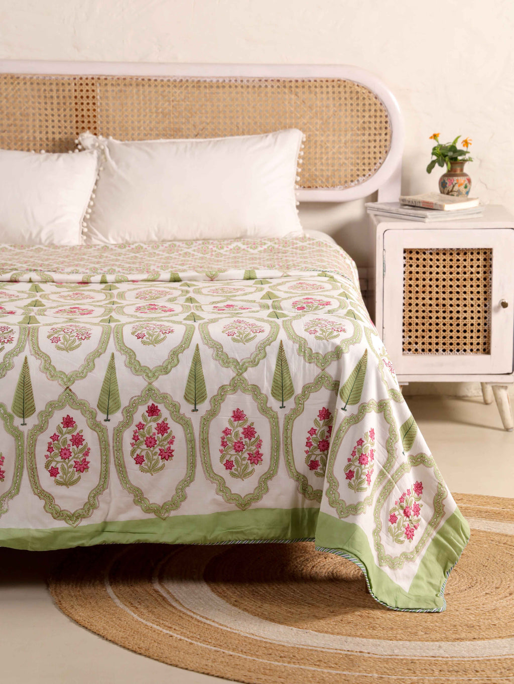 GREEN MUGHAL GARDEN HAND BLOCK PRINT REVERSIBLE COTTON DOHARS
