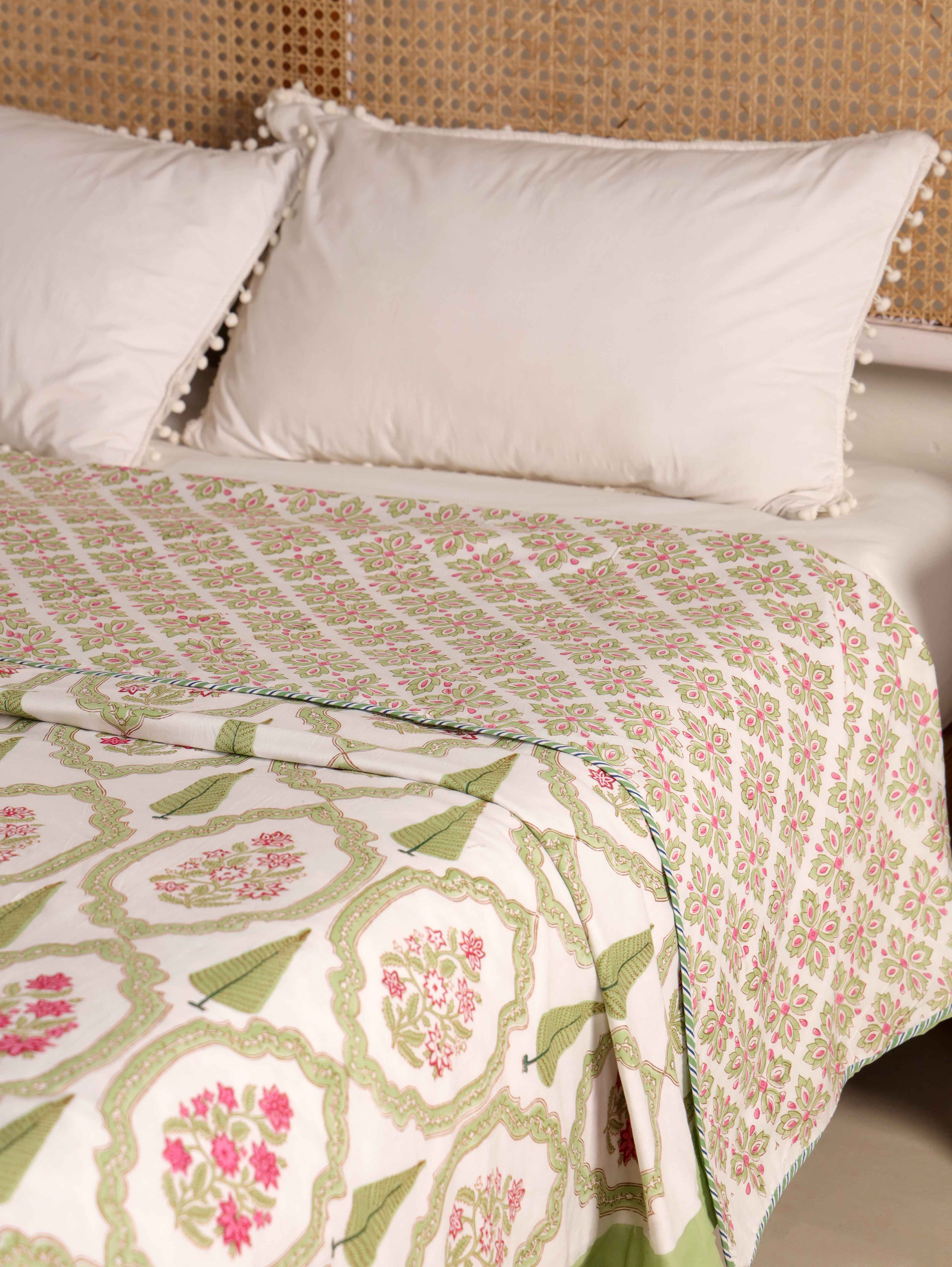 GREEN MUGHAL GARDEN HAND BLOCK PRINT REVERSIBLE COTTON DOHARS