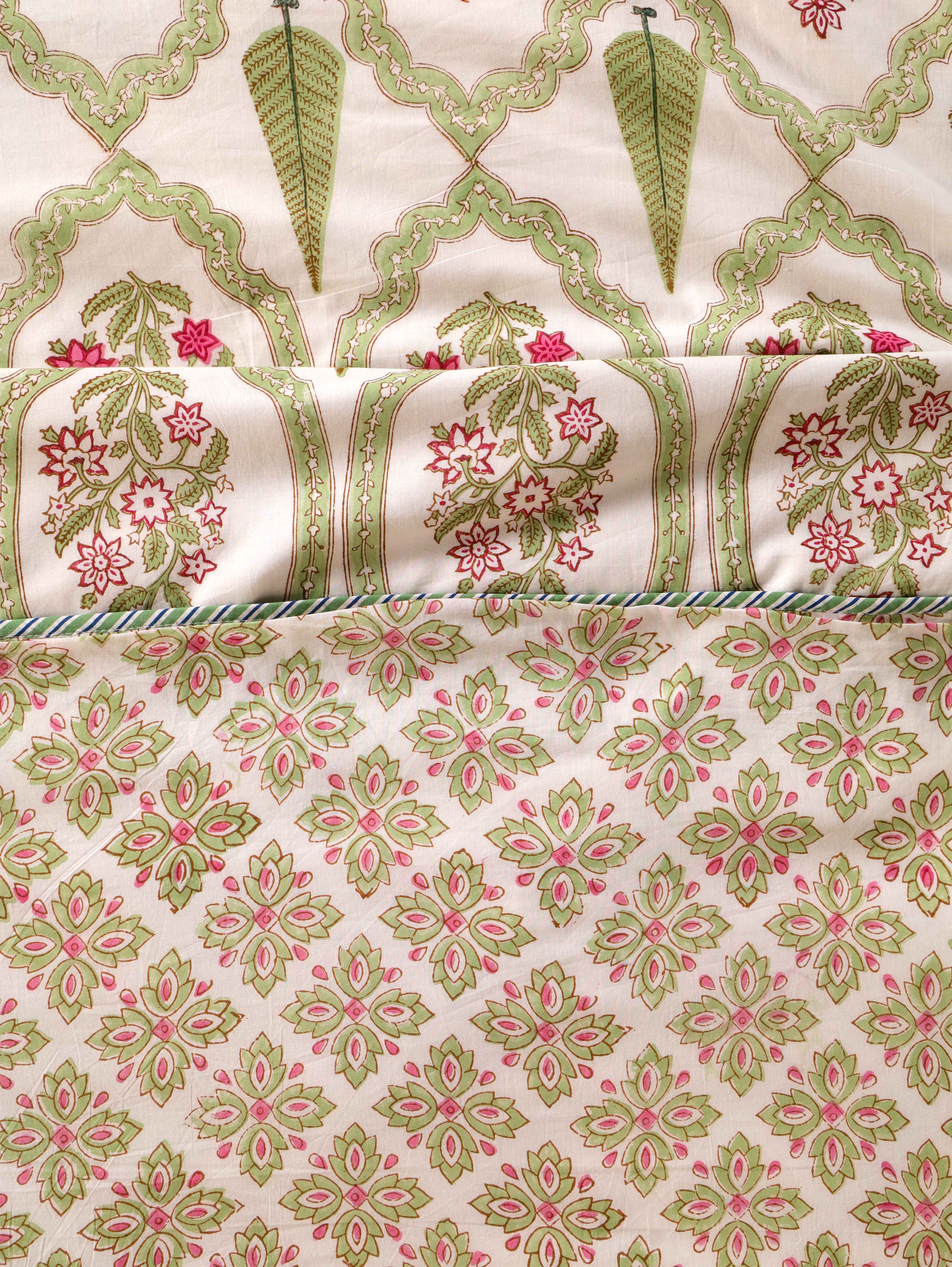 GREEN MUGHAL GARDEN HAND BLOCK PRINT REVERSIBLE COTTON DOHARS
