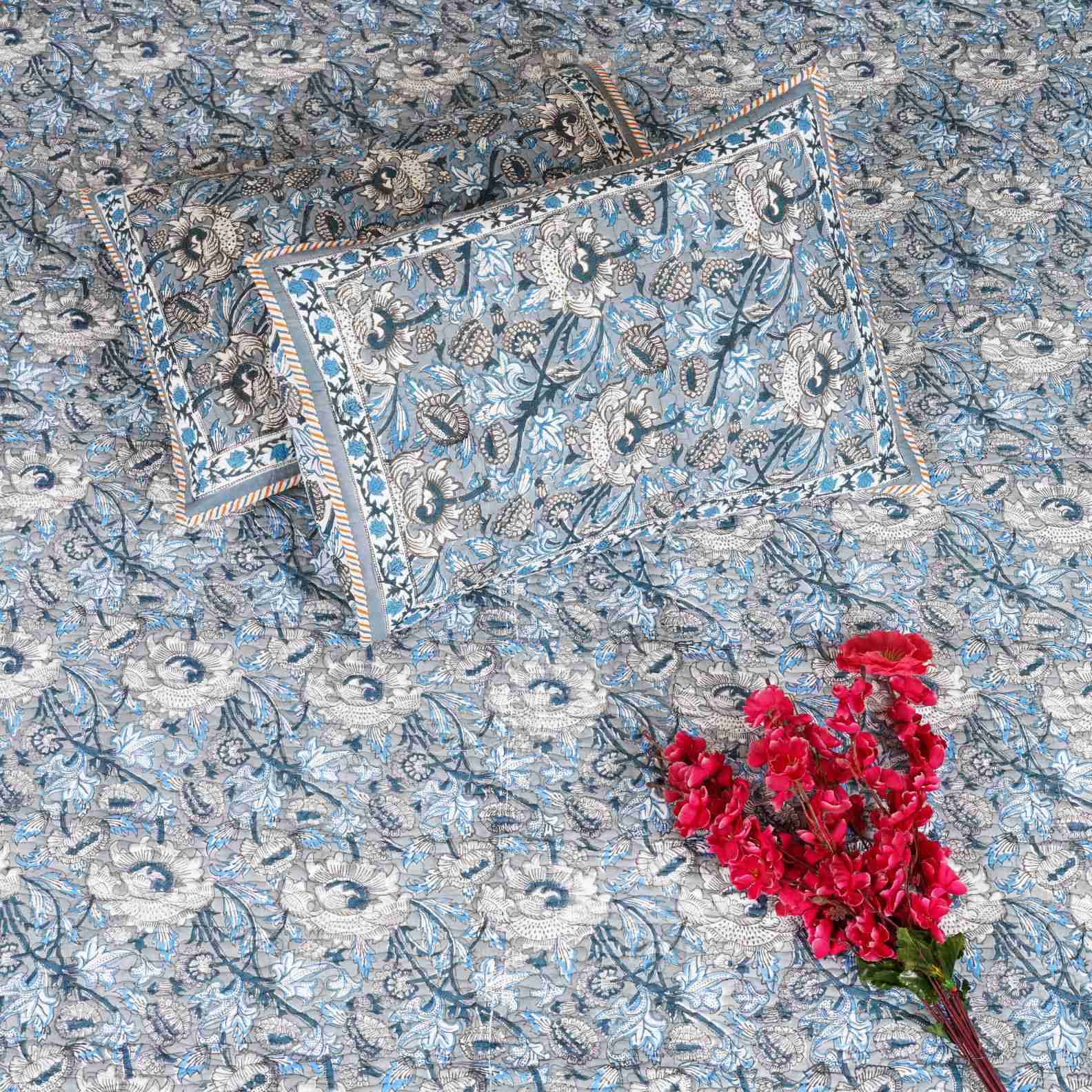 Blue Grey Kashyab Hand Block Print Reversible Quilted Bedcover