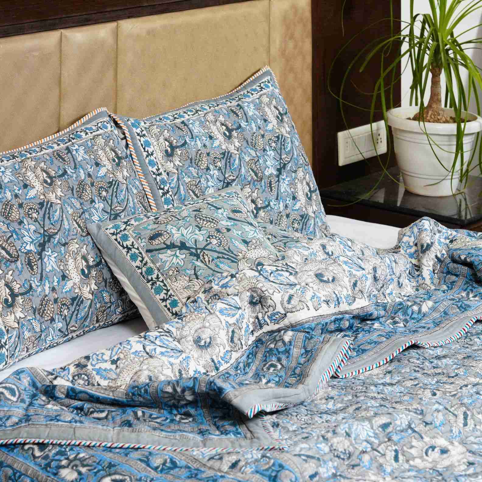 Blue Grey Kashyab Hand Block Print Reversible Quilted Bedcover