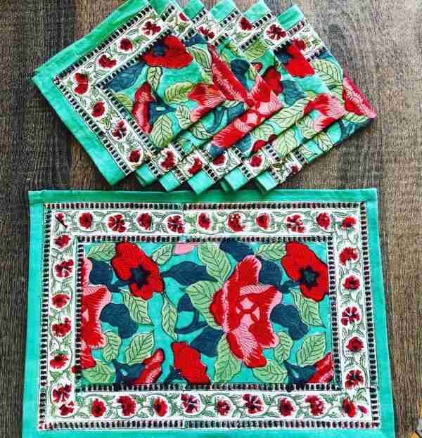 Amaryllis Dark Green Floral Jal Hand Block Printed Cotton Table Mats & Napkins