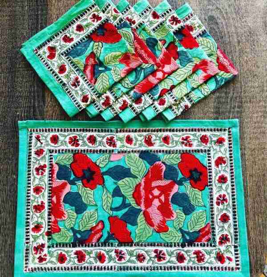 Amaryllis Dark Green Floral Jal Hand Block Printed Cotton Table Mats & Napkins