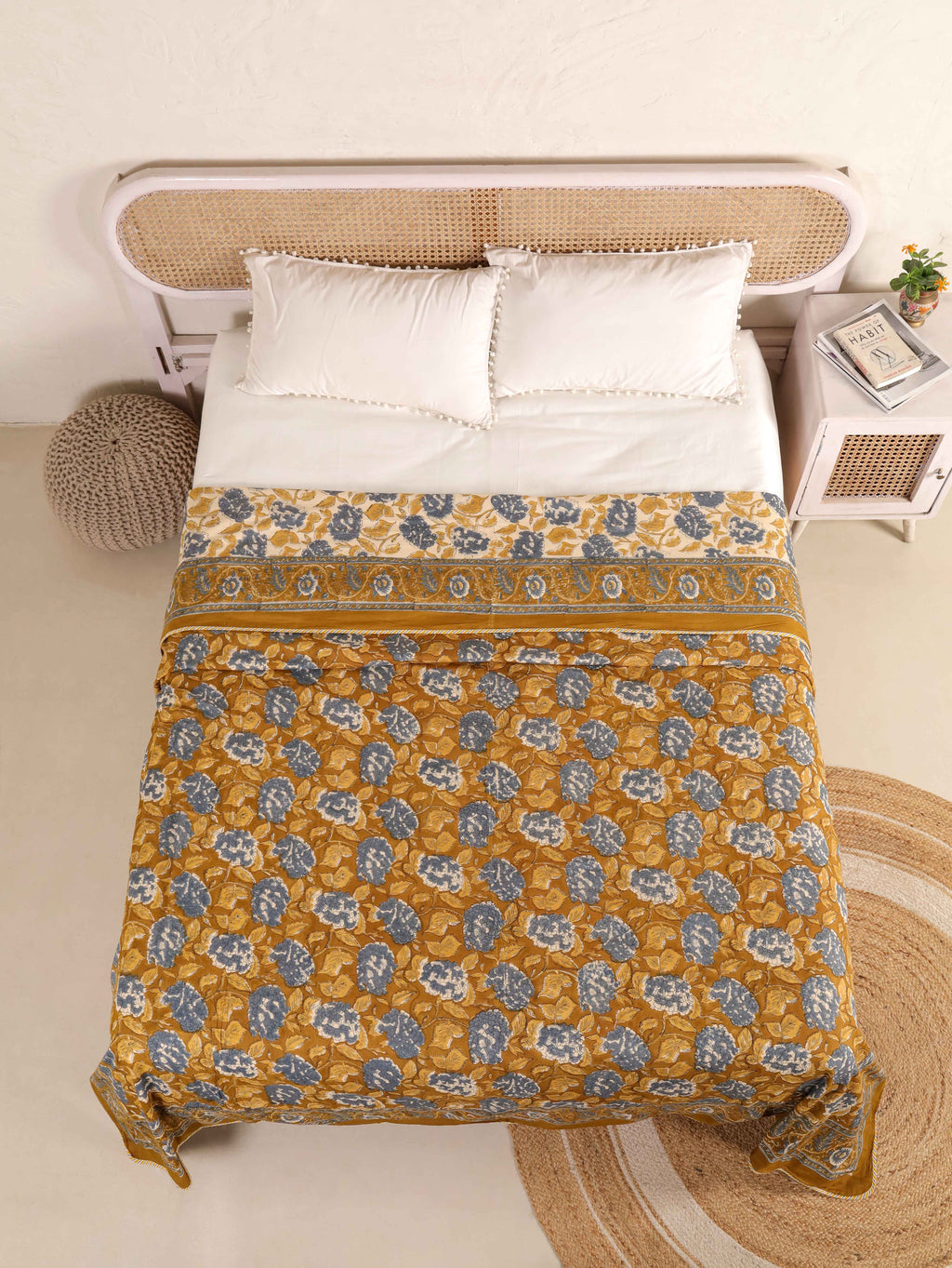 MUSTARD MEHRAB HAND BLOCK PRINT REVERSIBLE COTTON DOHARS