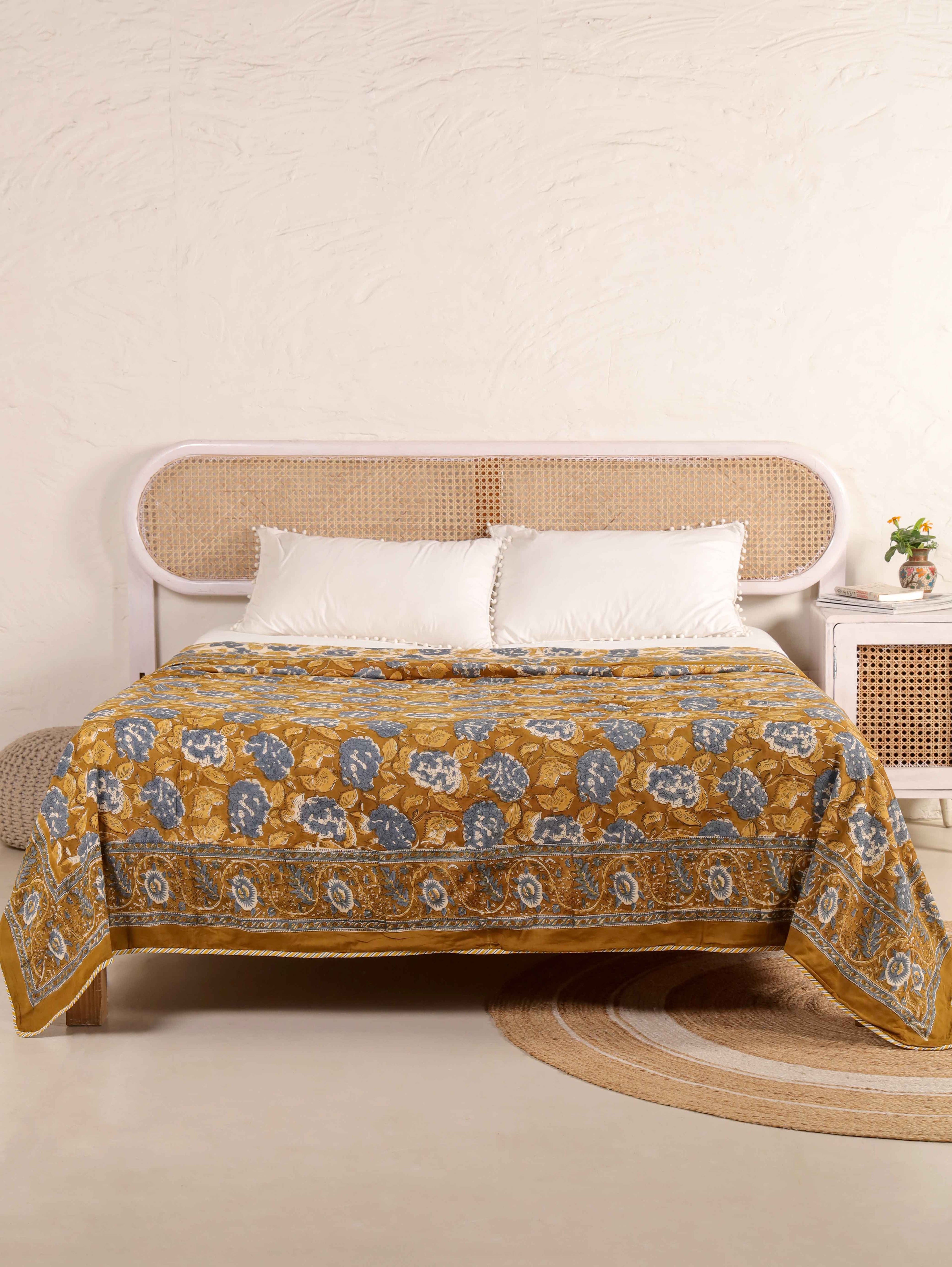 MUSTARD MEHRAB HAND BLOCK PRINT REVERSIBLE COTTON DOHARS