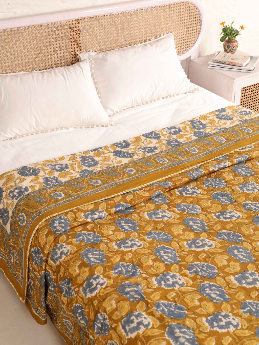MUSTARD MEHRAB HAND BLOCK PRINT REVERSIBLE COTTON DOHARS