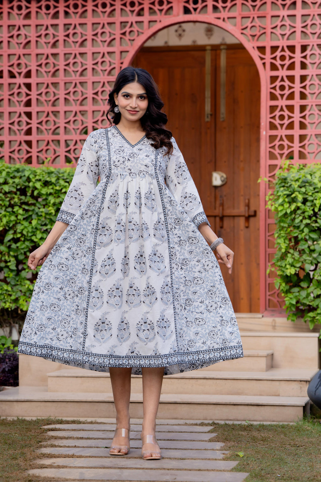 Timeless Blooms hand block print Anarkali Dress