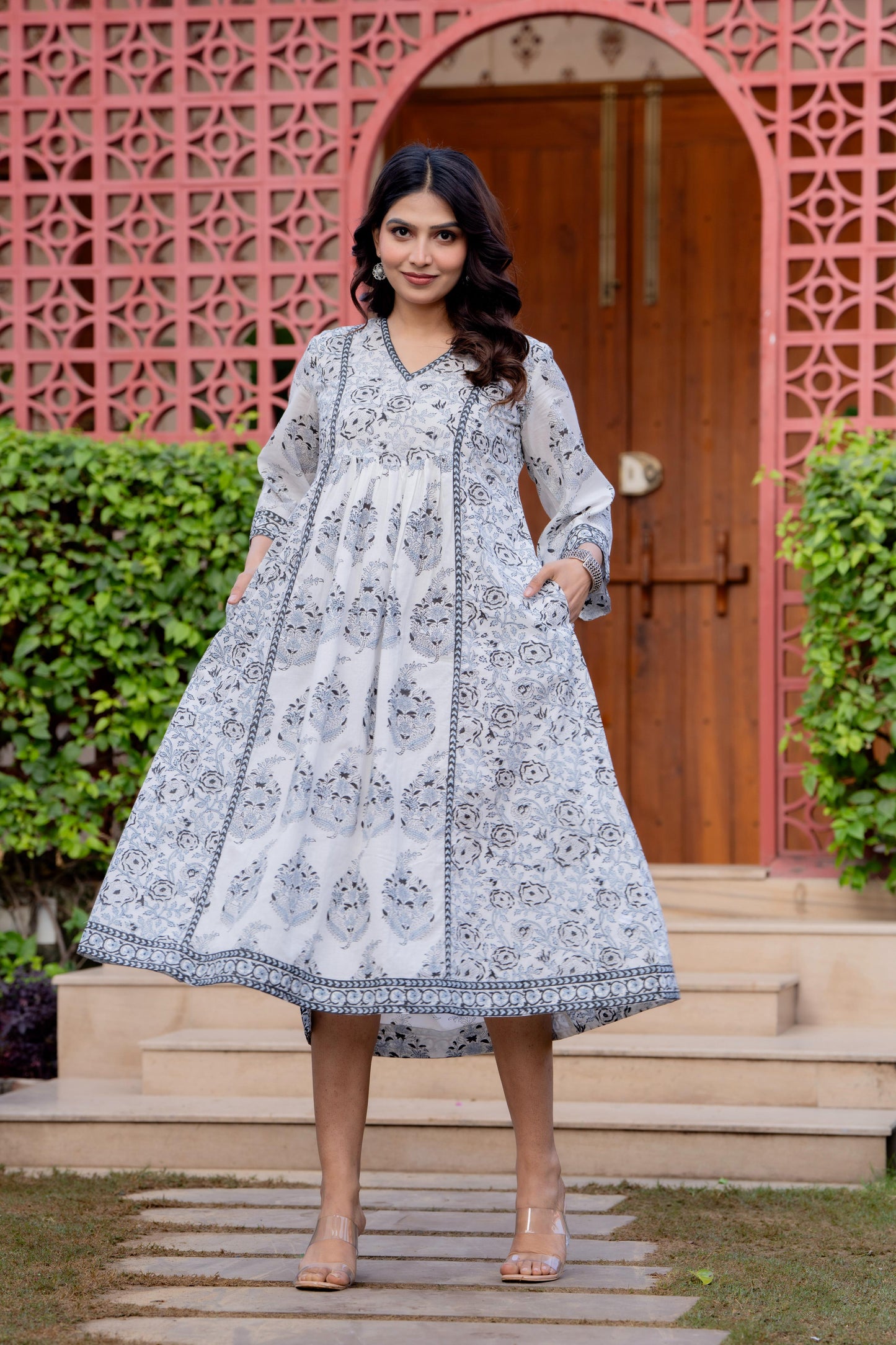 Timeless Blooms hand block print Anarkali Dress