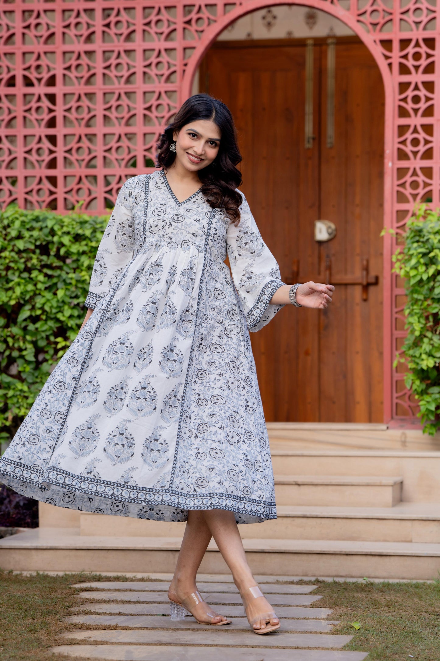Timeless Blooms hand block print Anarkali Dress