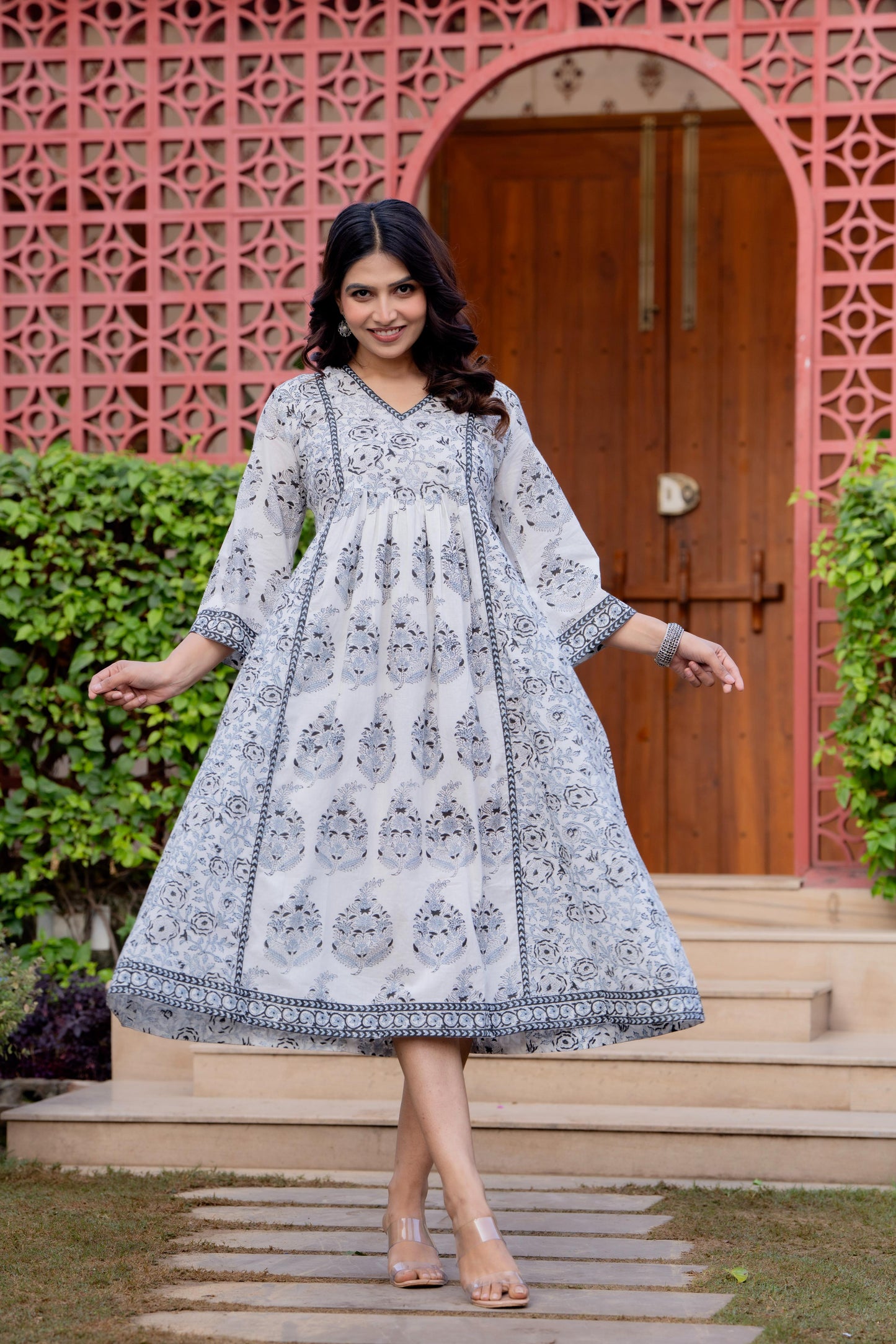 Timeless Blooms hand block print Anarkali Dress
