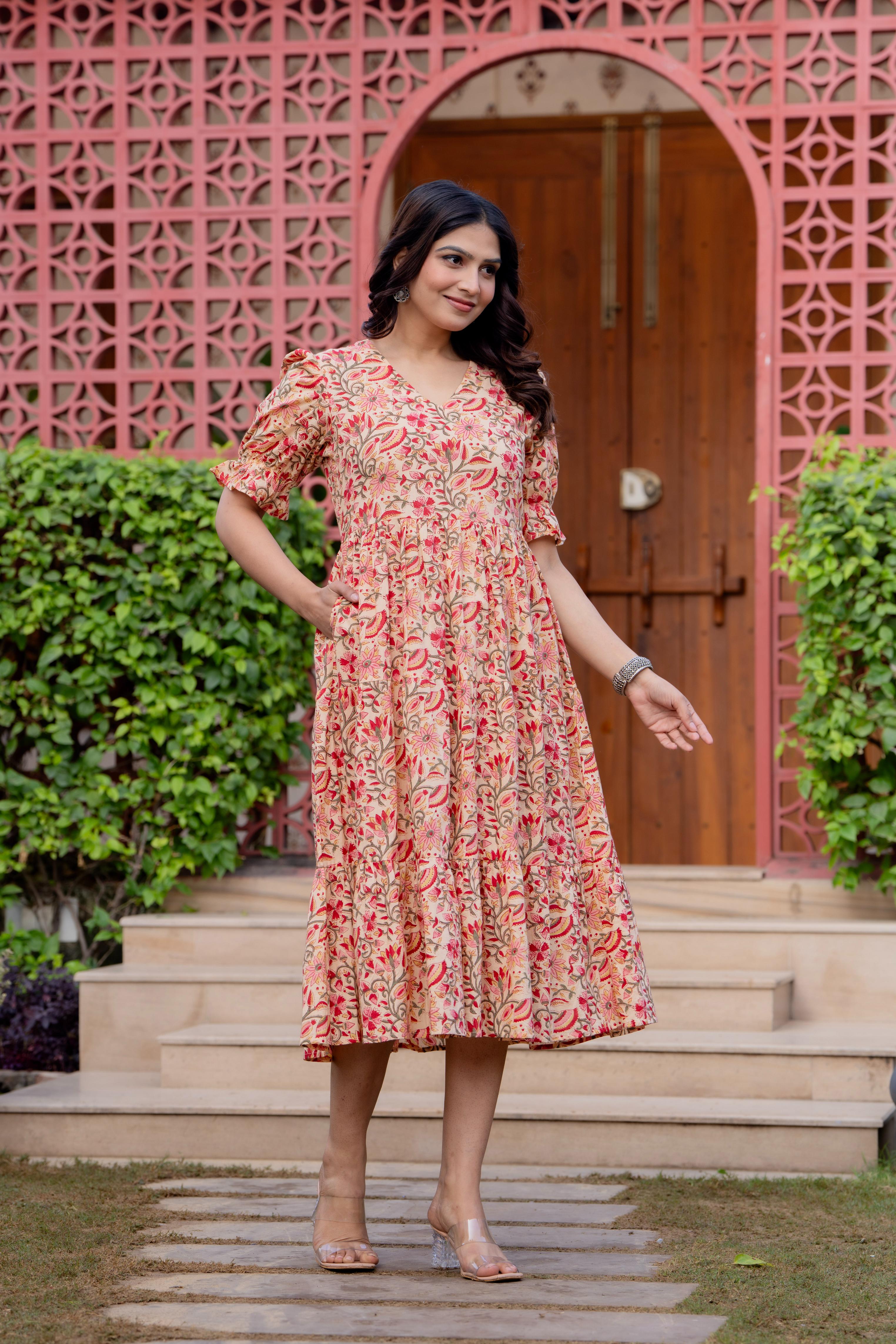 Timeless Blooms hand block print Anarkali Dress