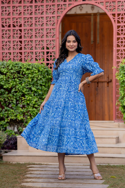 Timeless Blooms hand block print Anarkali Dress