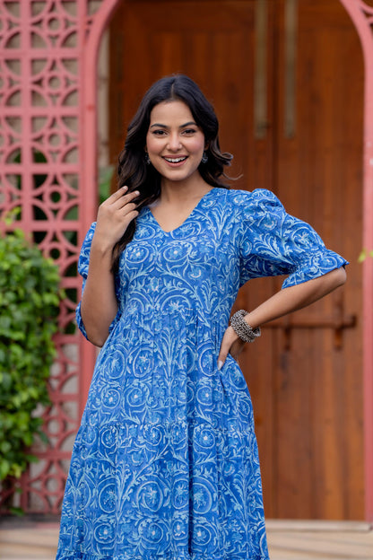 Timeless Blooms hand block print Anarkali Dress