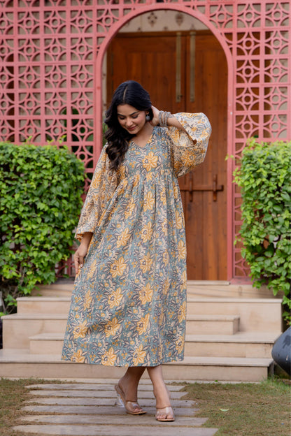Timeless Blooms hand block print Anarkali Dress