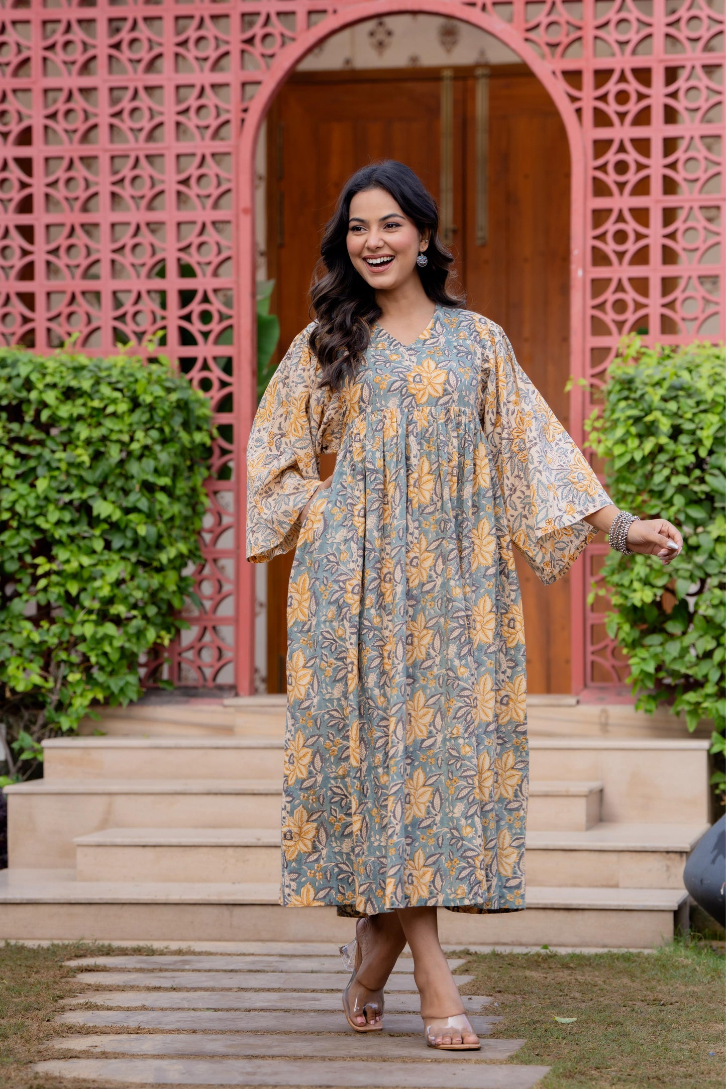 Timeless Blooms hand block print Anarkali Dress