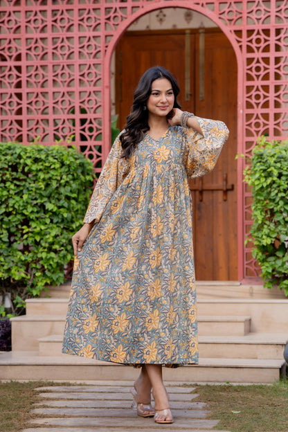 Timeless Blooms hand block print Anarkali Dress