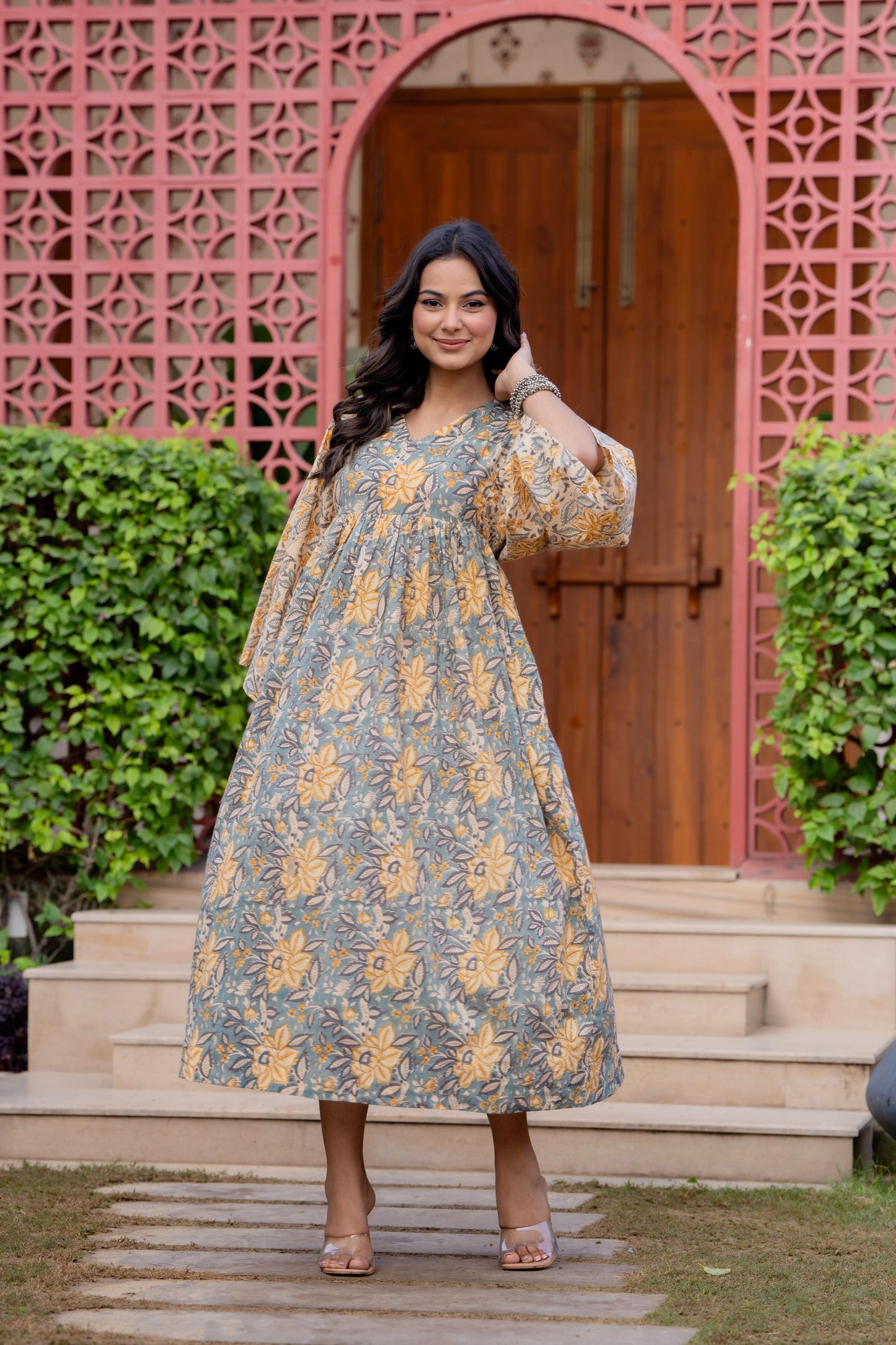 Timeless Blooms hand block print Anarkali Dress