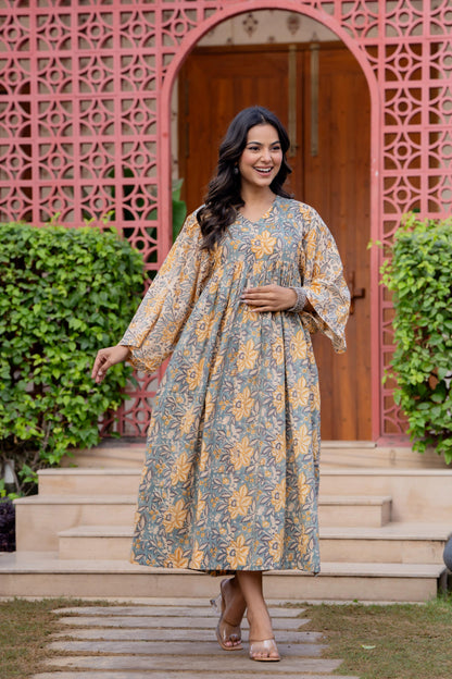 Timeless Blooms hand block print Anarkali Dress