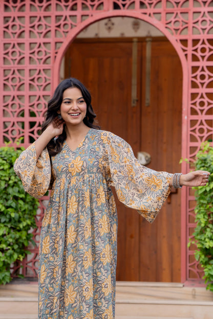 Timeless Blooms hand block print Anarkali Dress