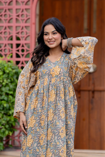 Timeless Blooms hand block print Anarkali Dress