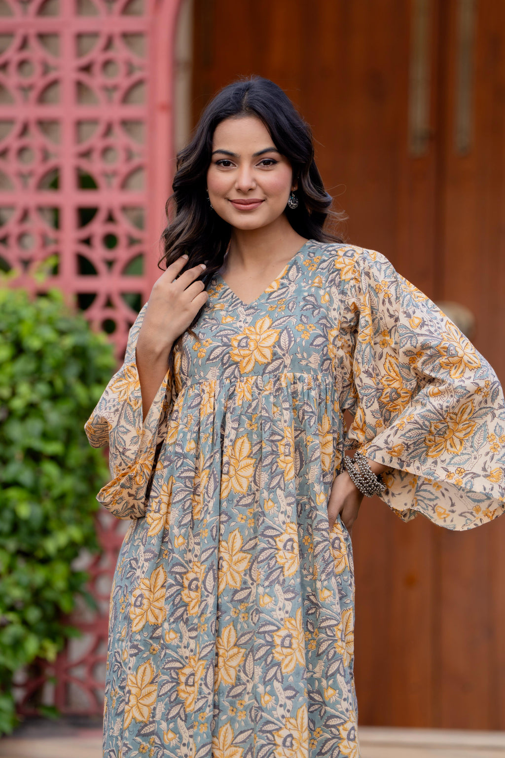Timeless Blooms hand block print Anarkali Dress