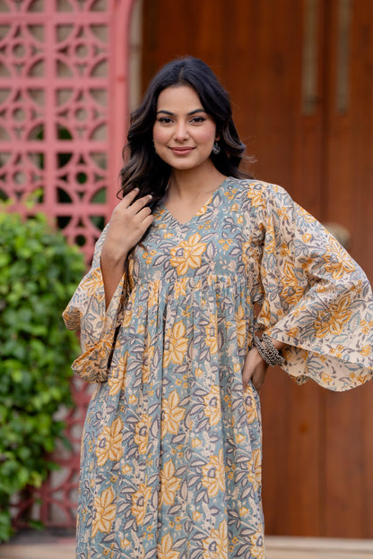 Timeless Blooms hand block print Anarkali Dress