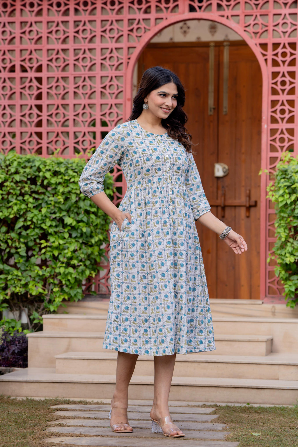 Timeless Blooms hand block print Anarkali Dress