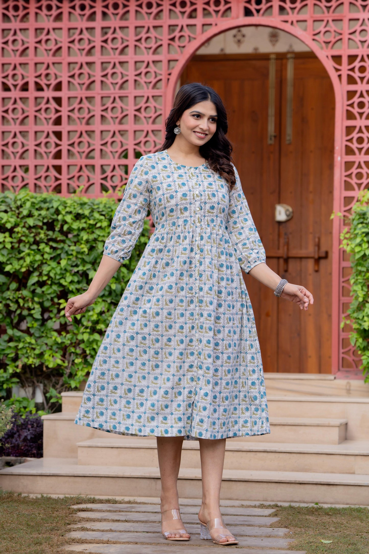 Timeless Blooms hand block print Anarkali Dress