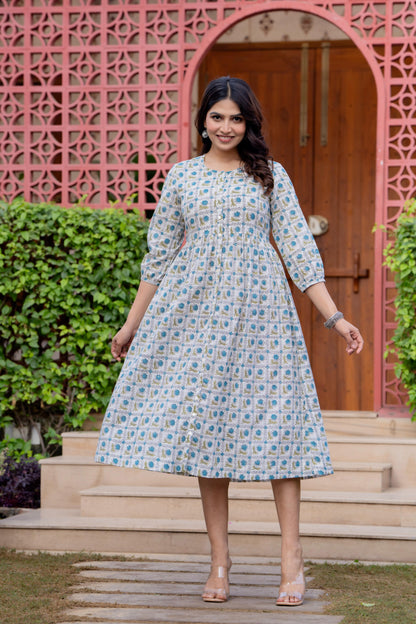 Timeless Blooms hand block print Anarkali Dress