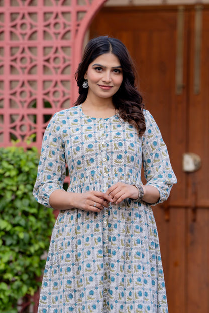 Timeless Blooms hand block print Anarkali Dress