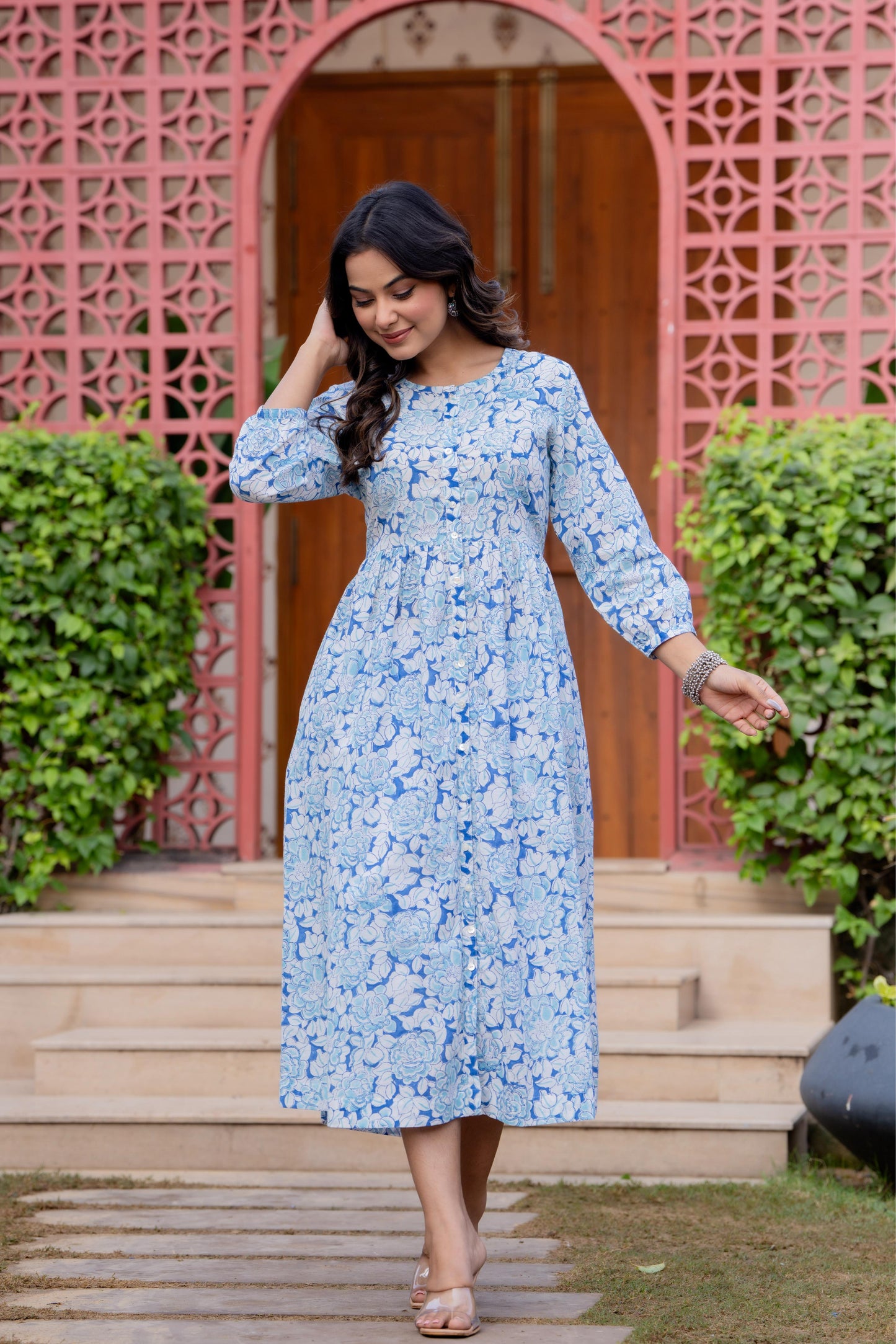 Timeless Blooms hand block print Anarkali Dress