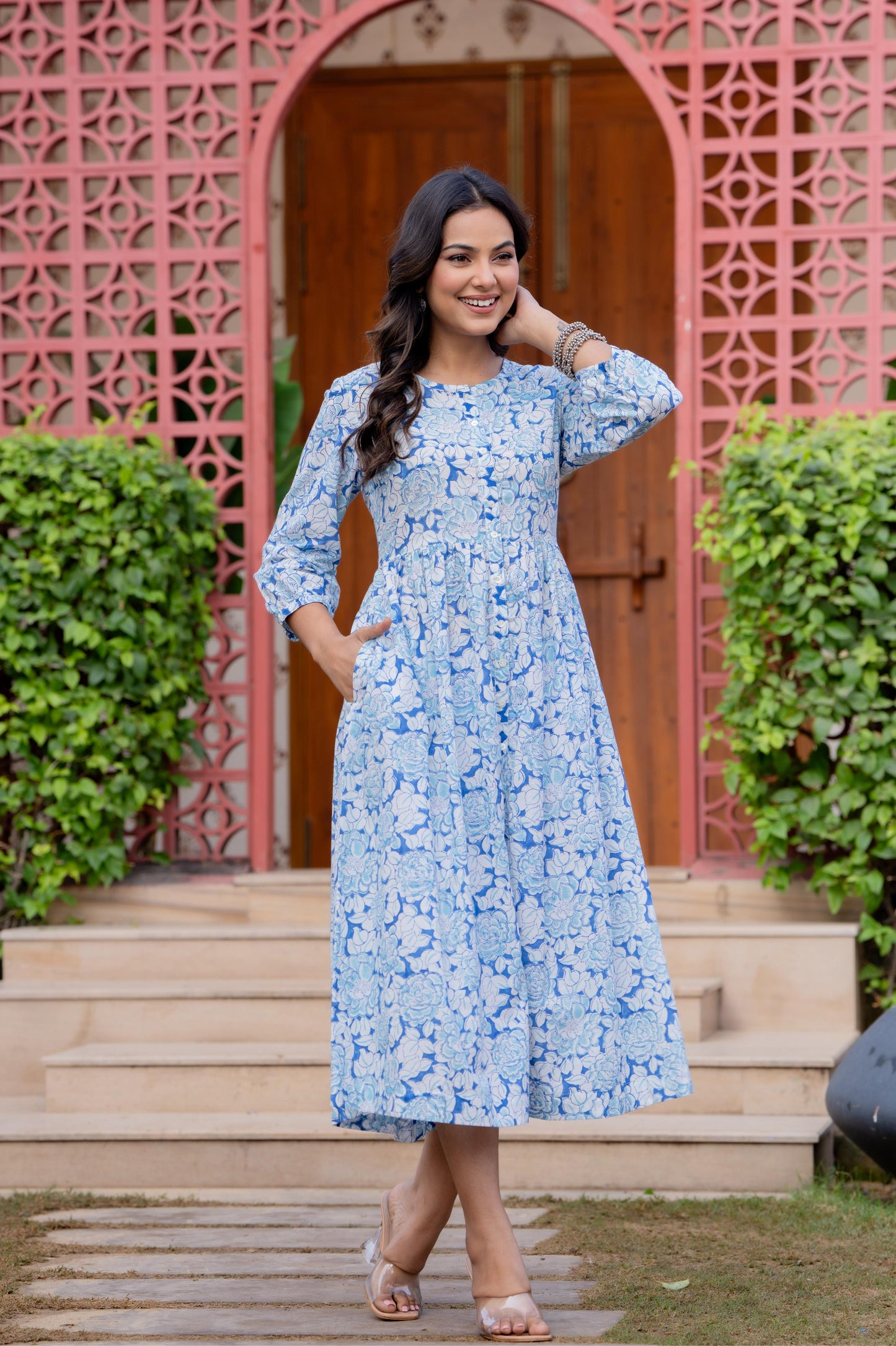 Timeless Blooms hand block print Anarkali Dress