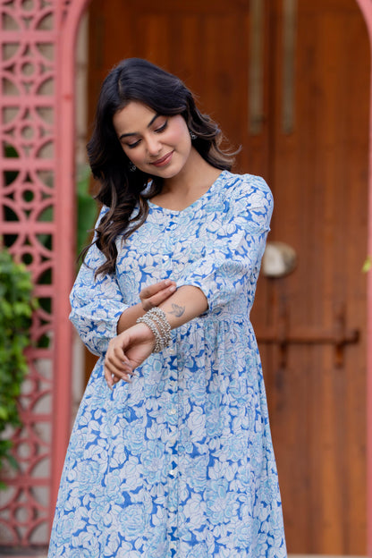 Timeless Blooms hand block print Anarkali Dress