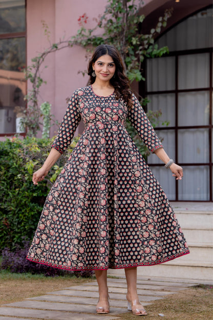 Timeless Blooms hand block print Anarkali Dress
