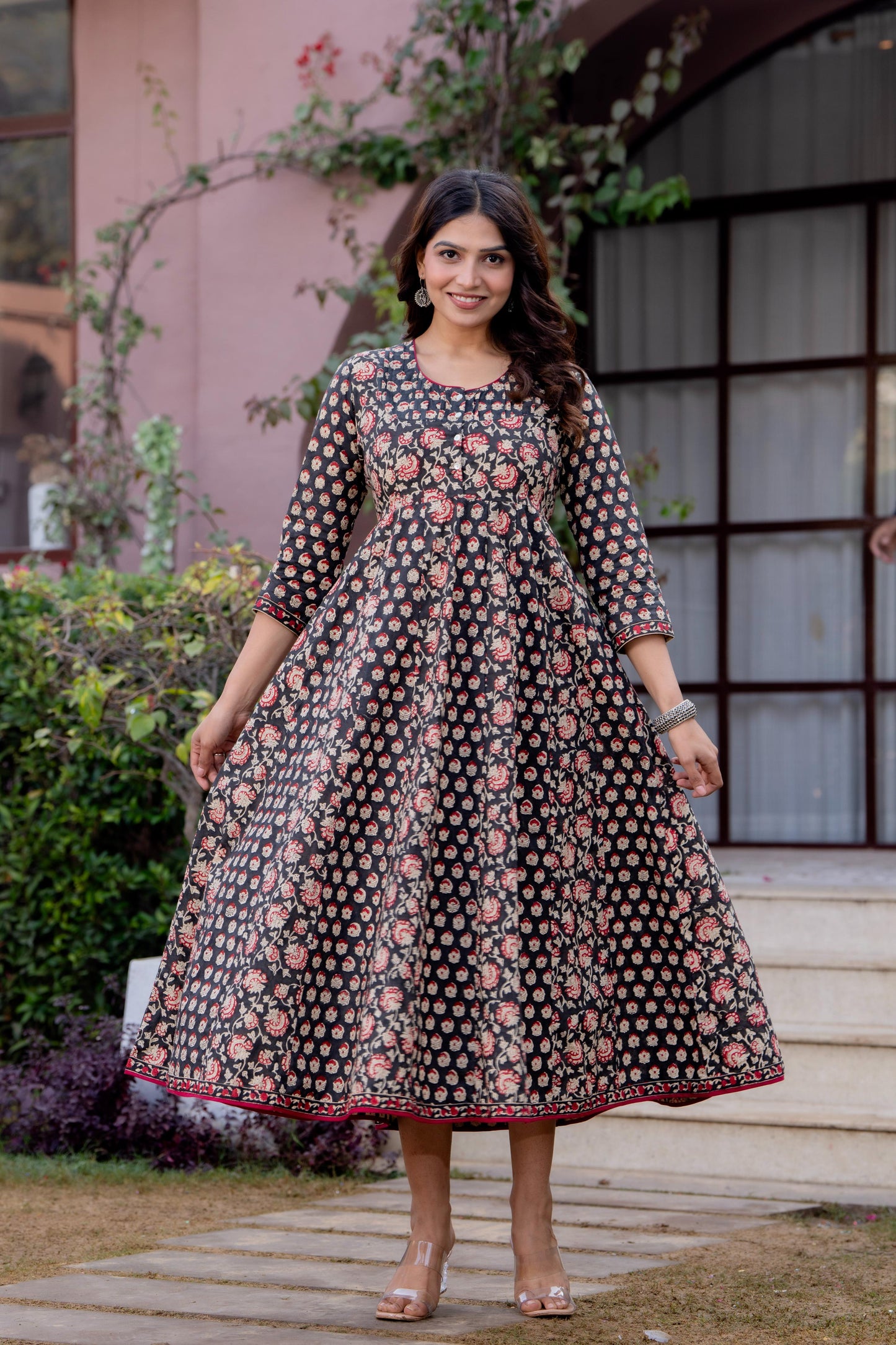 Timeless Blooms hand block print Anarkali Dress