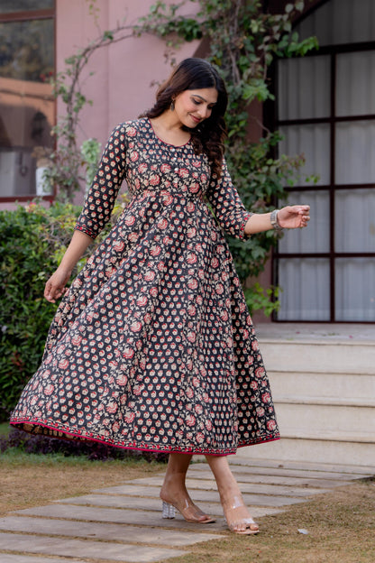 Timeless Blooms hand block print Anarkali Dress
