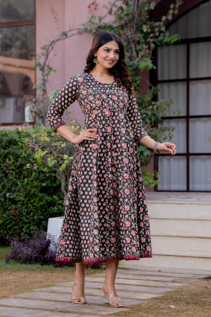 Timeless Blooms hand block print Anarkali Dress