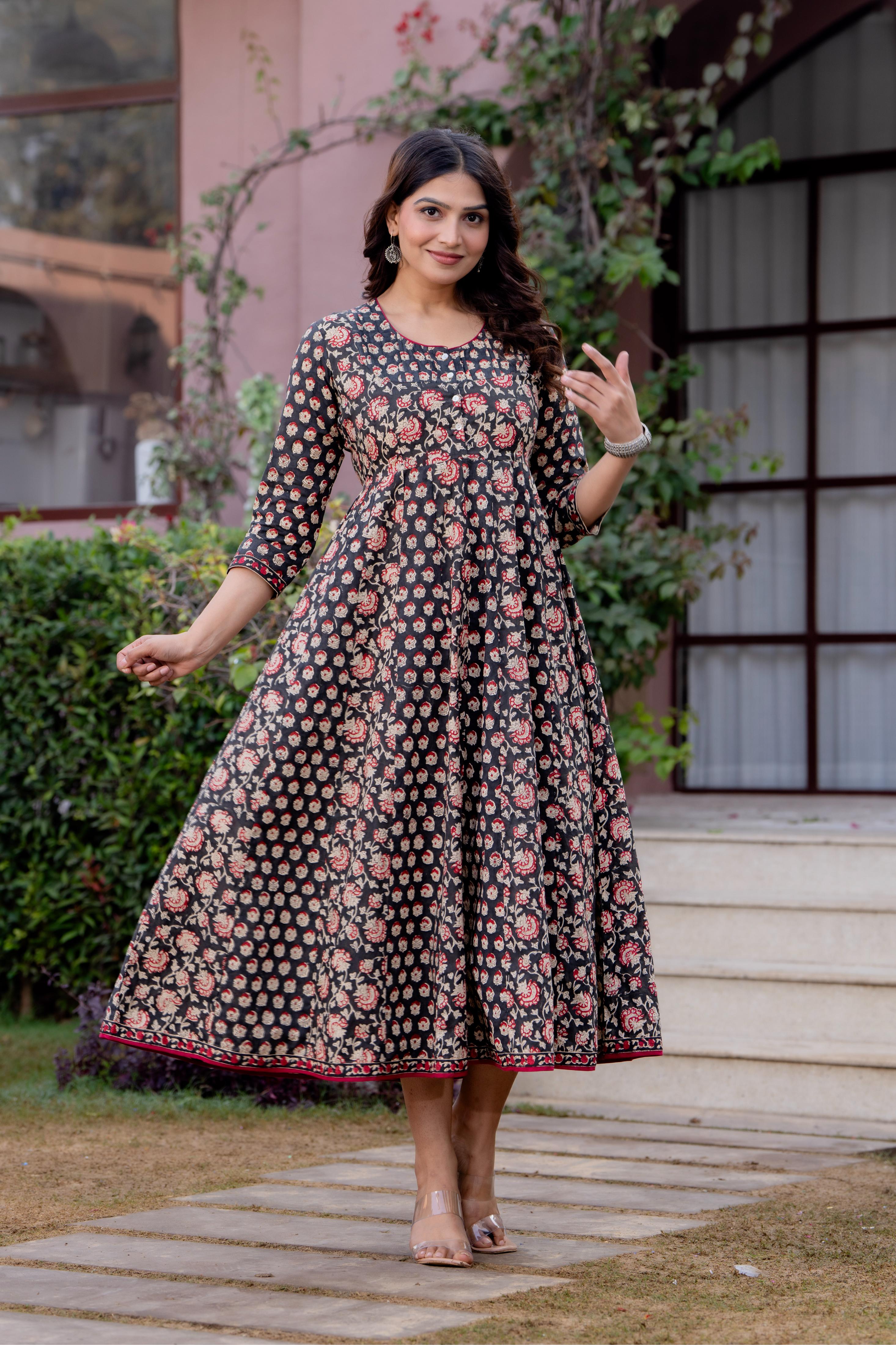 Timeless Blooms hand block print Anarkali Dress