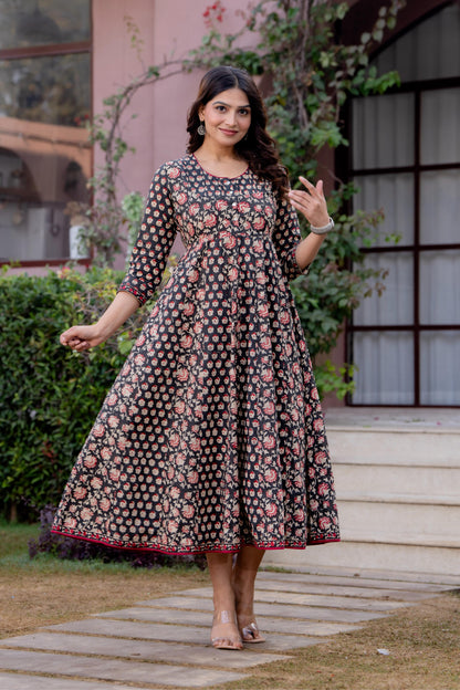 Timeless Blooms hand block print Anarkali Dress
