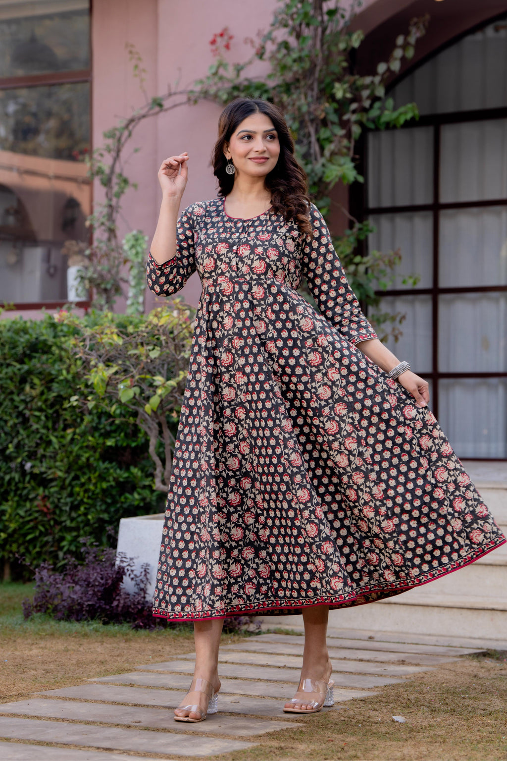Timeless Blooms hand block print Anarkali Dress