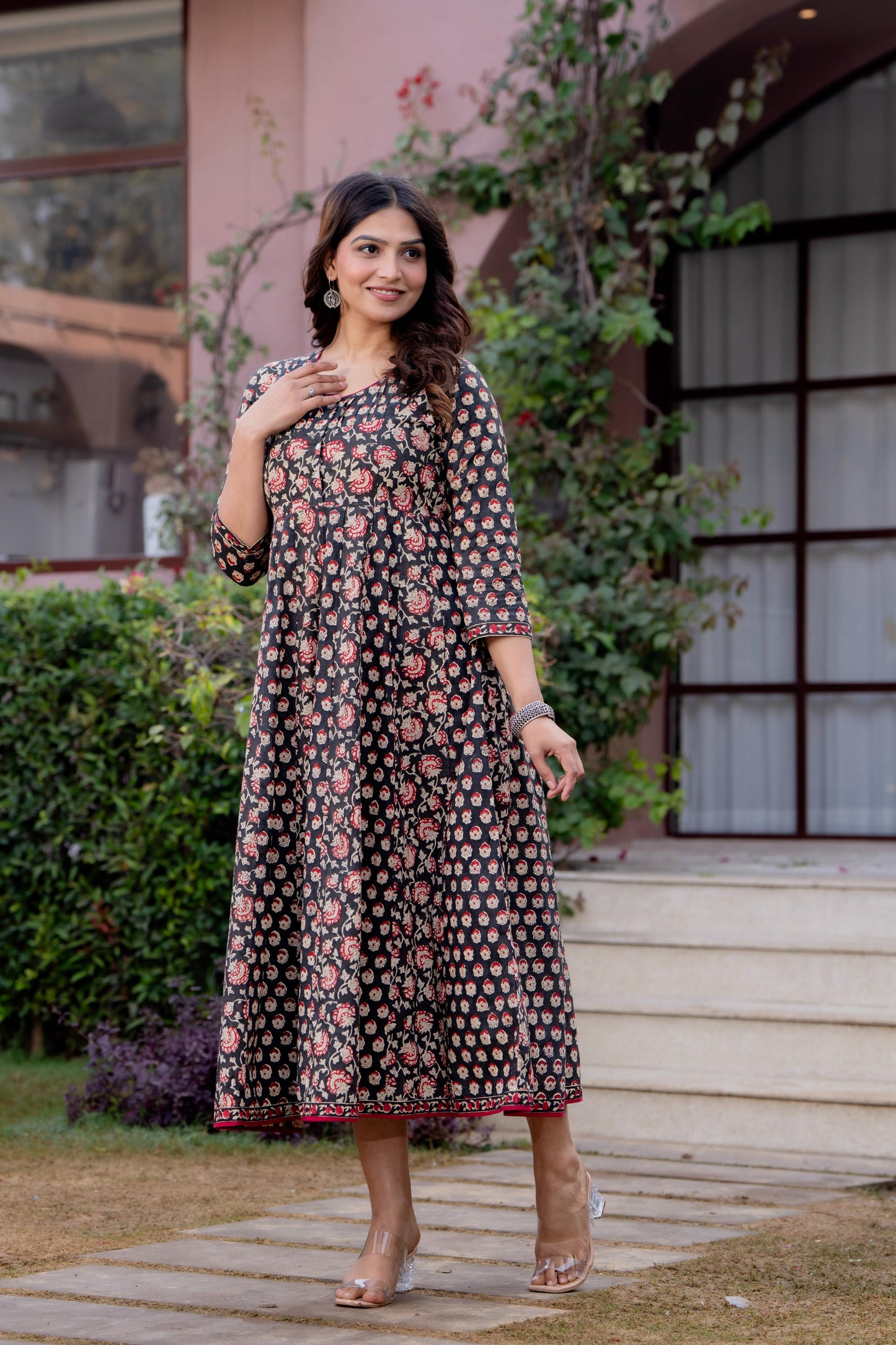 Timeless Blooms hand block print Anarkali Dress